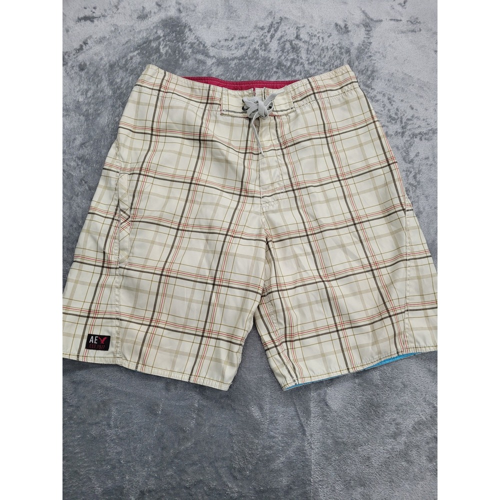 American Eagle Board Shorts Mens 32 Cream‎ Plaid Swim Trunks Lace Up